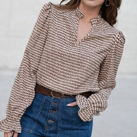 SHEIN Tops - Allover Print Notched Neck Flounce Sleeve Blouse Size Small